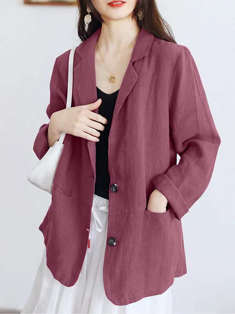 100% Cotton Lapel Business Casual Blazer with Front Pockets for Women
