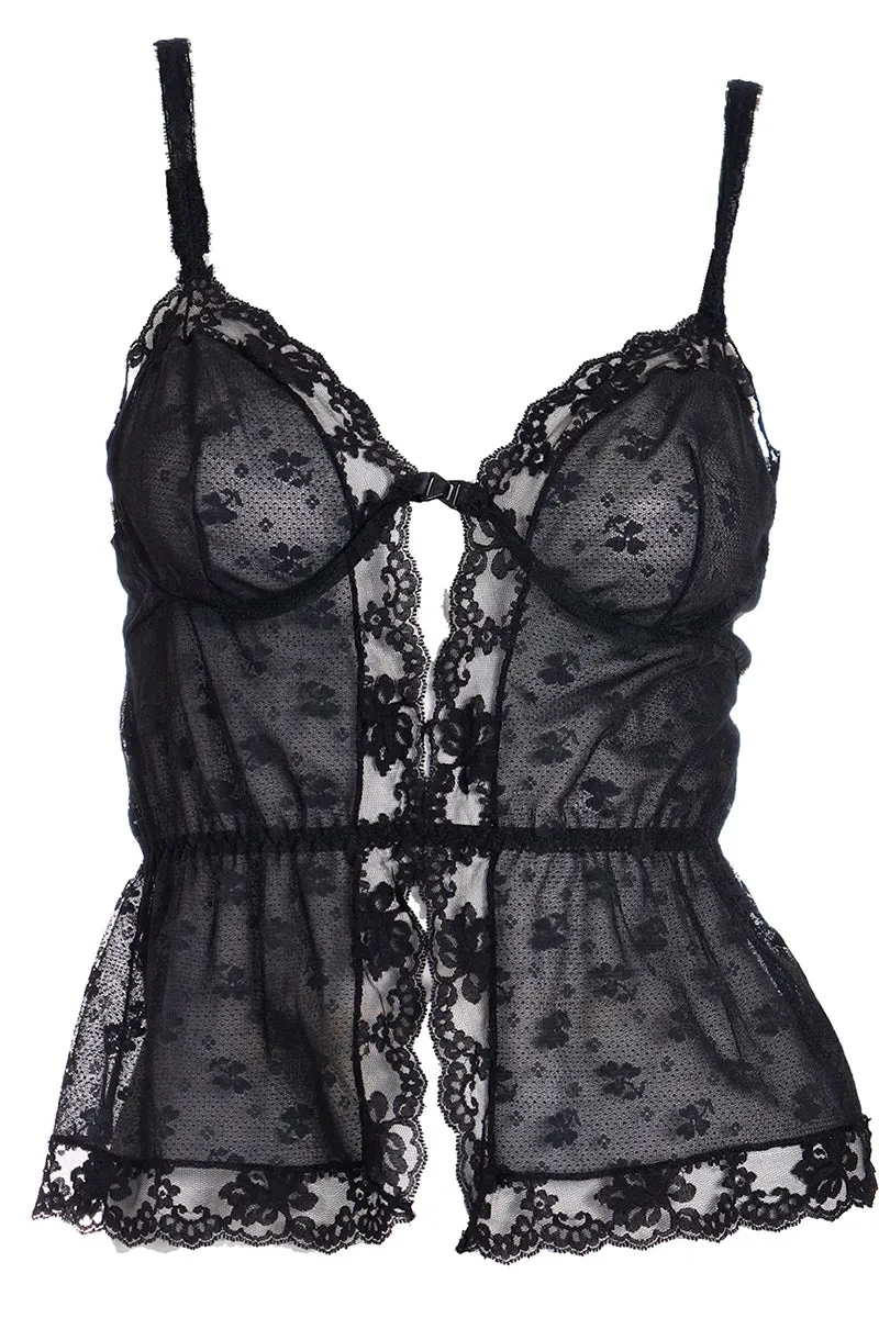 1970s Glydons Black Lace & Floral Net Camisole Top