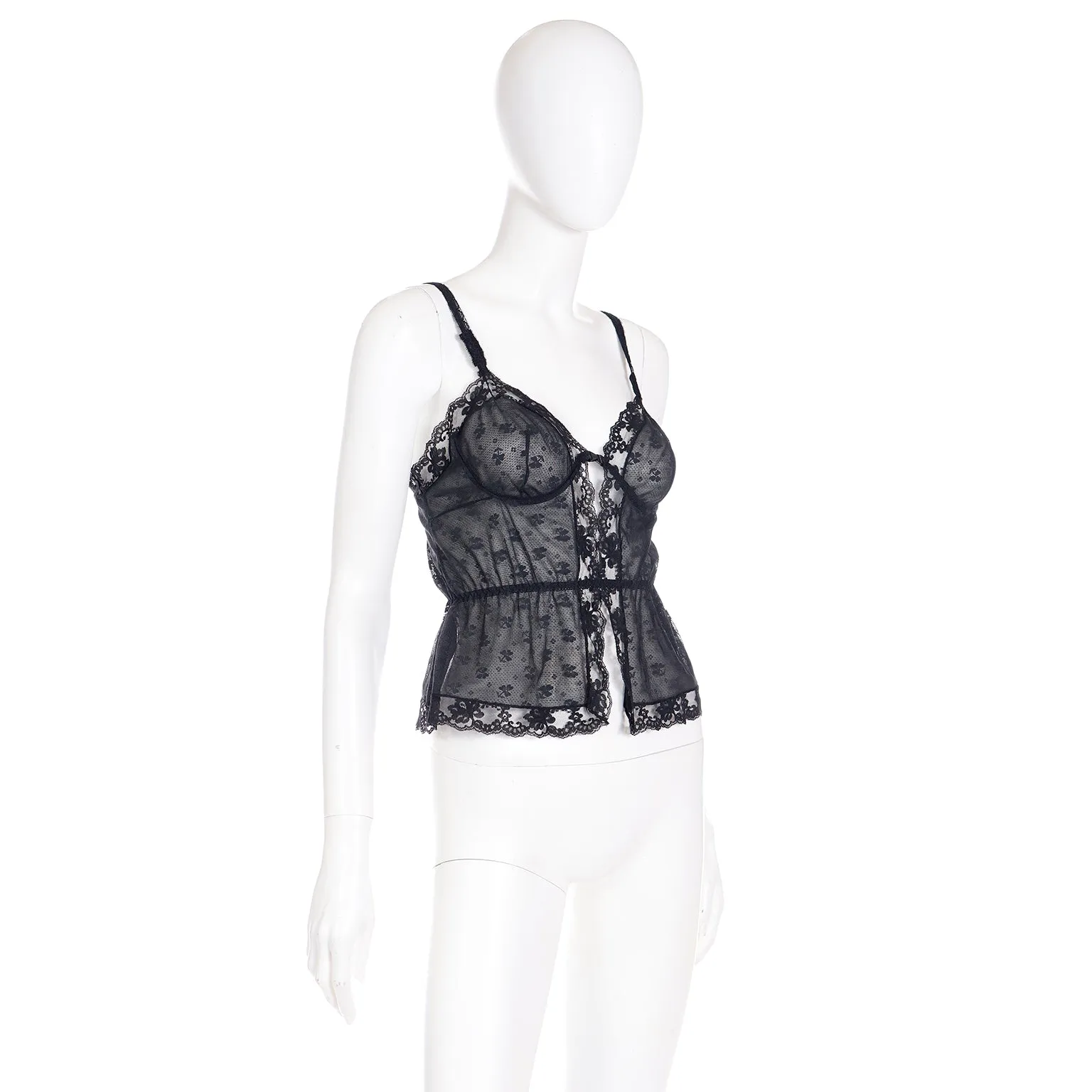 1970s Glydons Black Lace & Floral Net Camisole Top