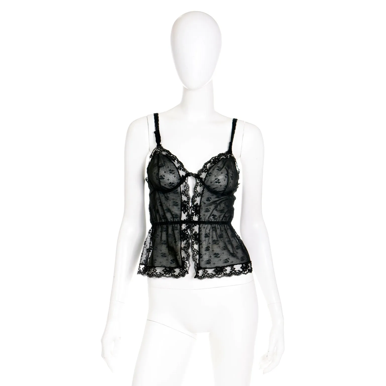 1970s Glydons Black Lace & Floral Net Camisole Top