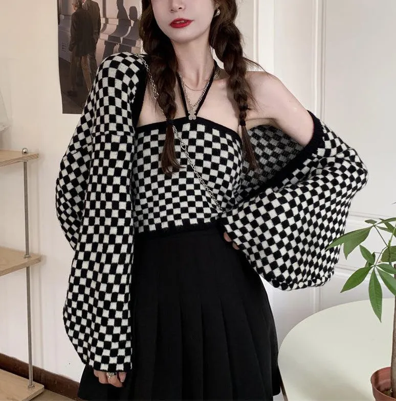 2022 retro black white checkerboard hanging neck suspenders cami knitted shawl balero cardigan 2 pc knitwear set