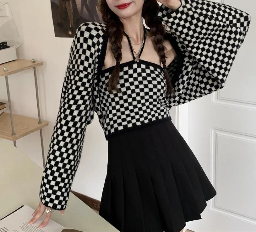 2022 retro black white checkerboard hanging neck suspenders cami knitted shawl balero cardigan 2 pc knitwear set