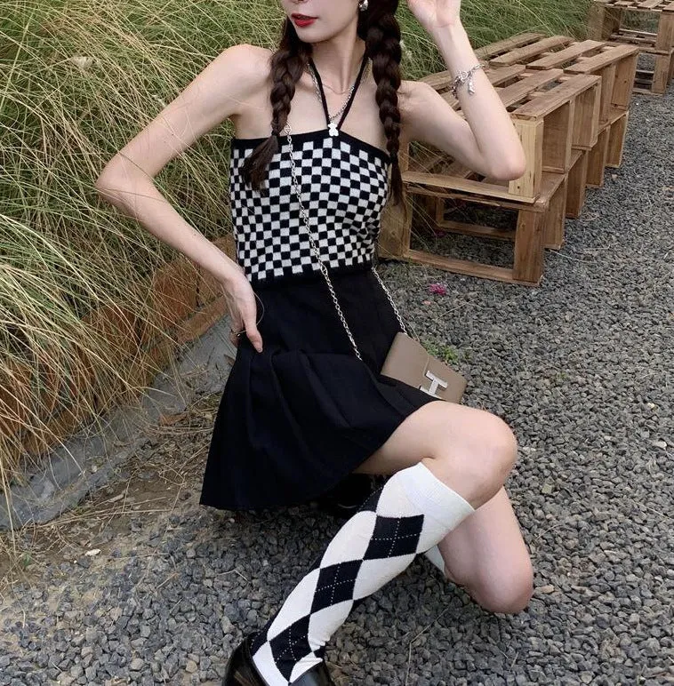 2022 retro black white checkerboard hanging neck suspenders cami knitted shawl balero cardigan 2 pc knitwear set