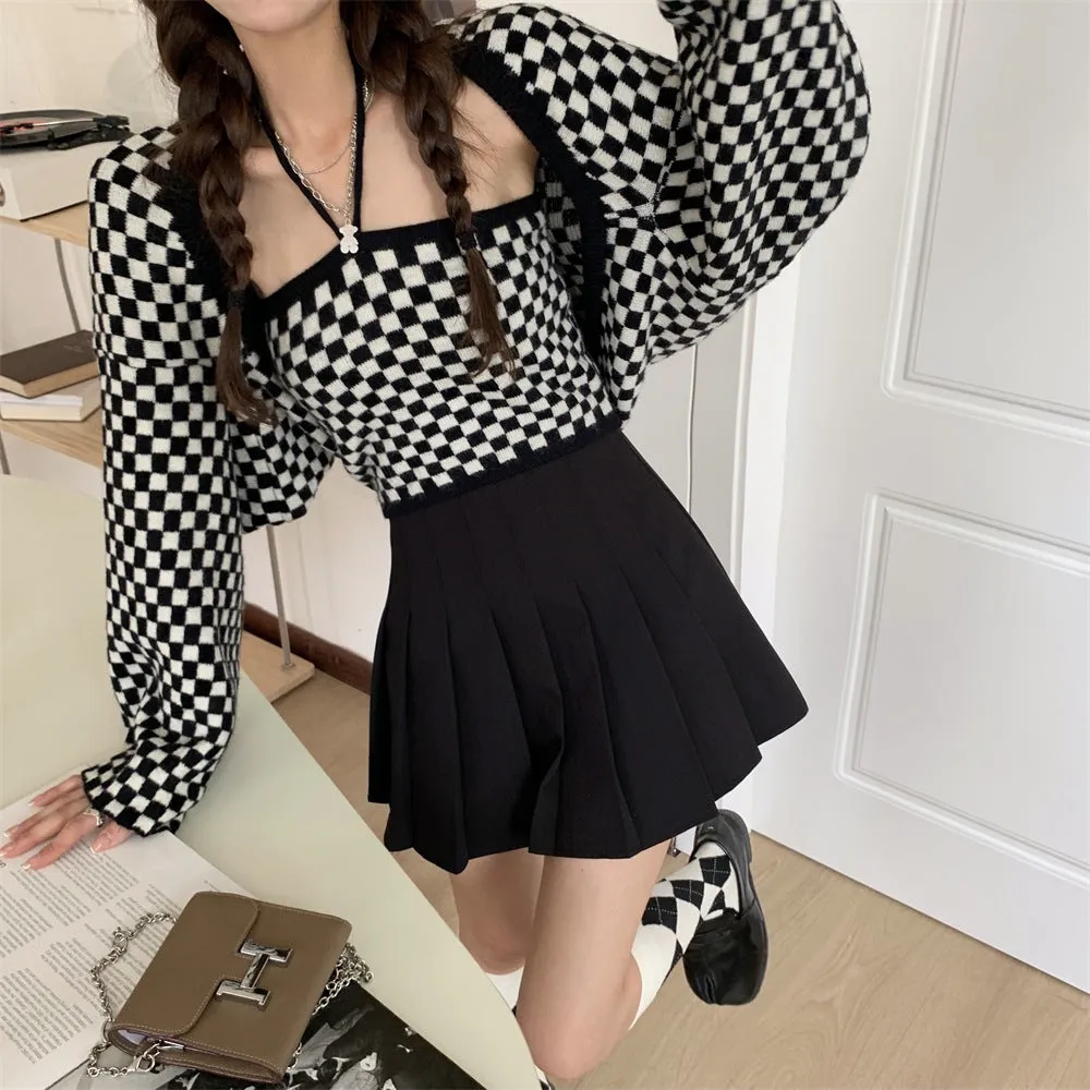 2022 retro black white checkerboard hanging neck suspenders cami knitted shawl balero cardigan 2 pc knitwear set