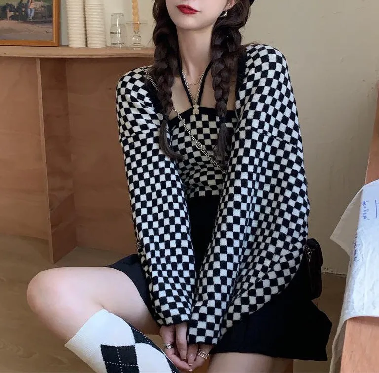 2022 retro black white checkerboard hanging neck suspenders cami knitted shawl balero cardigan 2 pc knitwear set
