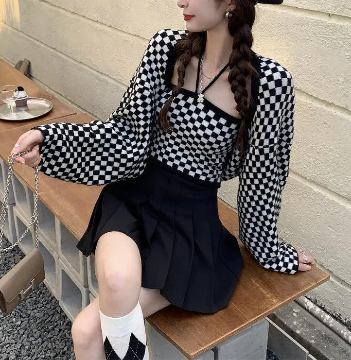 2022 retro black white checkerboard hanging neck suspenders cami knitted shawl balero cardigan 2 pc knitwear set