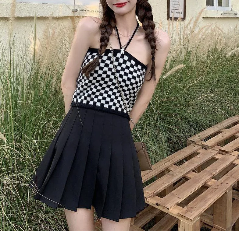 2022 retro black white checkerboard hanging neck suspenders cami knitted shawl balero cardigan 2 pc knitwear set