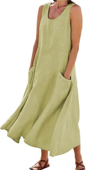 2024 Women's Casual Loose Sundress Sleeveless Maxi Long Beach Dress Flowy Crew Neck Solid Dresses with Pockets