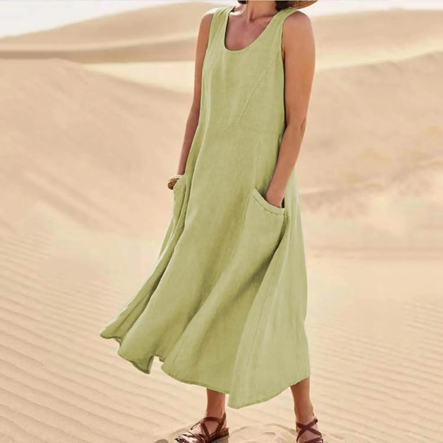2024 Women's Casual Loose Sundress Sleeveless Maxi Long Beach Dress Flowy Crew Neck Solid Dresses with Pockets