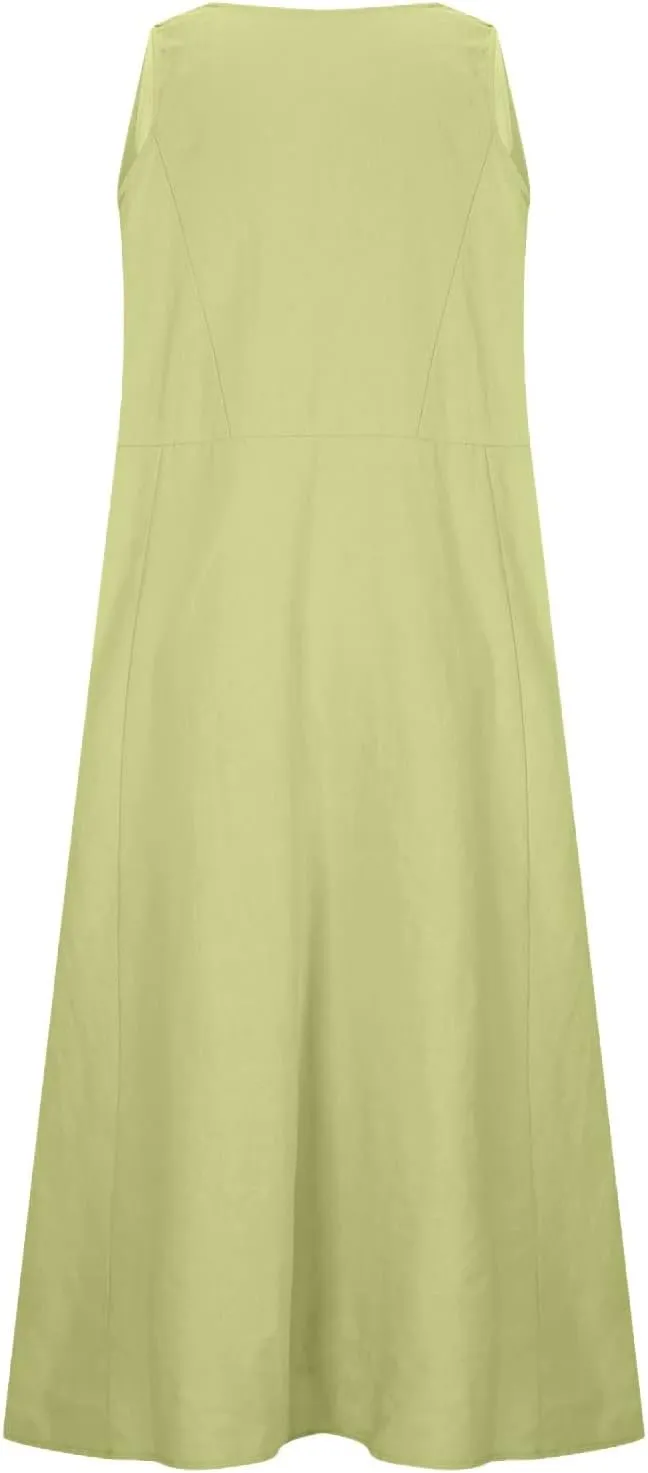 2024 Women's Casual Loose Sundress Sleeveless Maxi Long Beach Dress Flowy Crew Neck Solid Dresses with Pockets