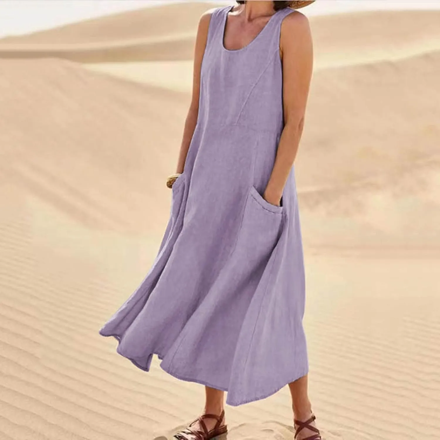 2024 Women's Casual Loose Sundress Sleeveless Maxi Long Beach Dress Flowy Crew Neck Solid Dresses with Pockets