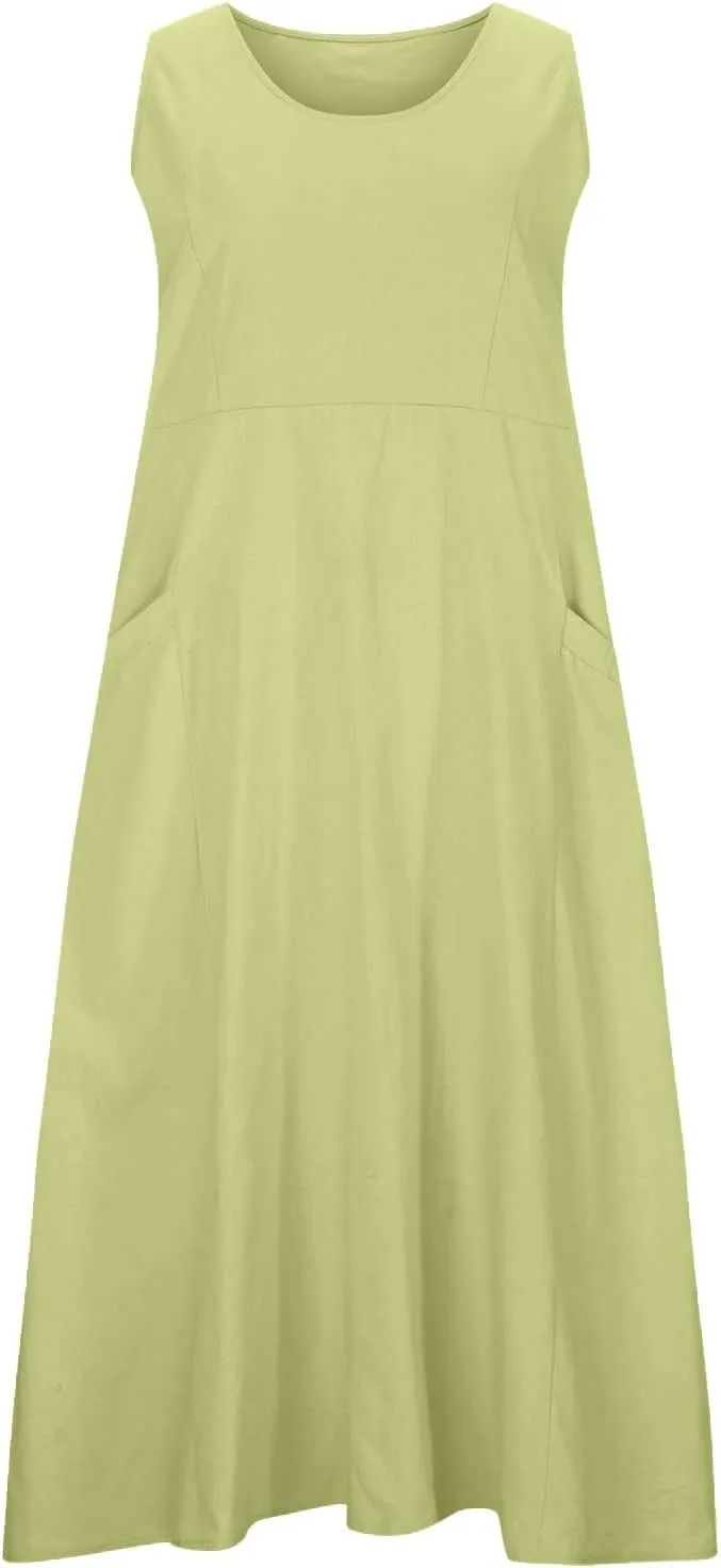 2024 Women's Casual Loose Sundress Sleeveless Maxi Long Beach Dress Flowy Crew Neck Solid Dresses with Pockets