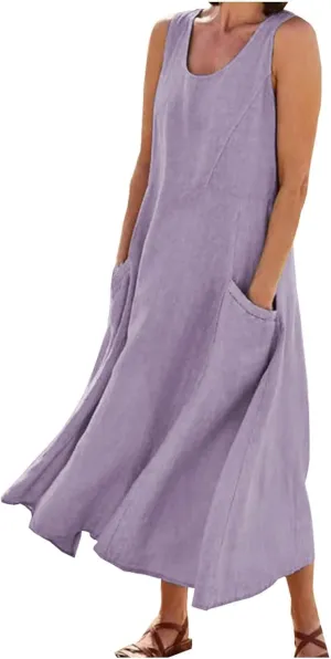 2024 Women's Casual Loose Sundress Sleeveless Maxi Long Beach Dress Flowy Crew Neck Solid Dresses with Pockets
