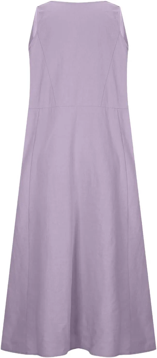 2024 Women's Casual Loose Sundress Sleeveless Maxi Long Beach Dress Flowy Crew Neck Solid Dresses with Pockets