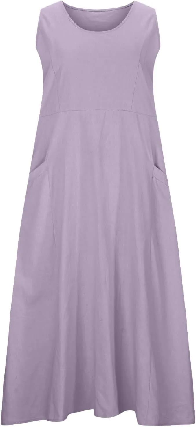 2024 Women's Casual Loose Sundress Sleeveless Maxi Long Beach Dress Flowy Crew Neck Solid Dresses with Pockets