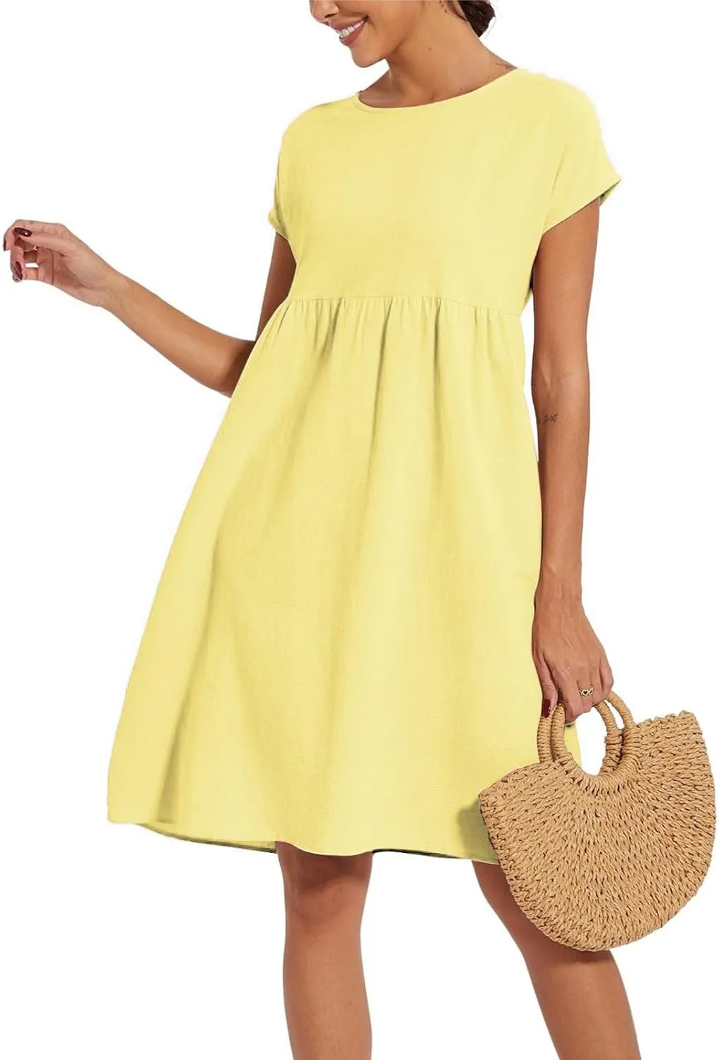 2025 Summer Dresses Women's Round Neck Casual and Comfortable Cotton Short Sleeves Beach Dress for
