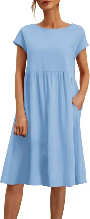2025 Summer Dresses Women's Round Neck Casual and Comfortable Cotton Short Sleeves Beach Dress for