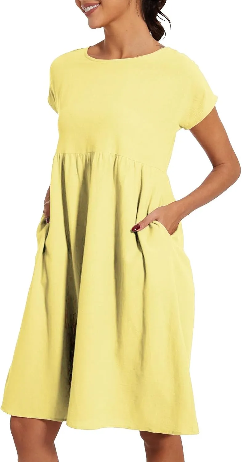 2025 Summer Dresses Women's Round Neck Casual and Comfortable Cotton Short Sleeves Beach Dress for