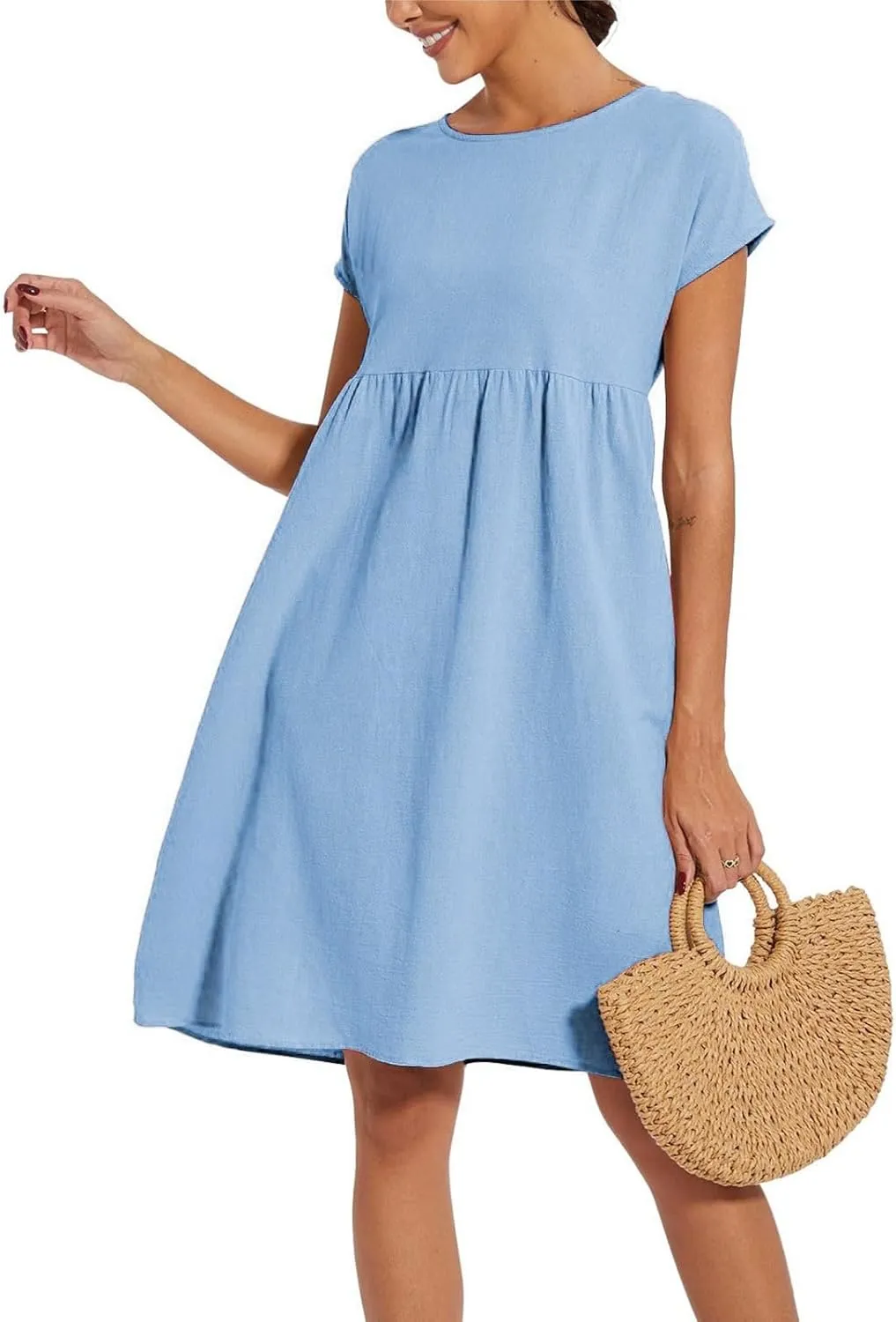 2025 Summer Dresses Women's Round Neck Casual and Comfortable Cotton Short Sleeves Beach Dress for