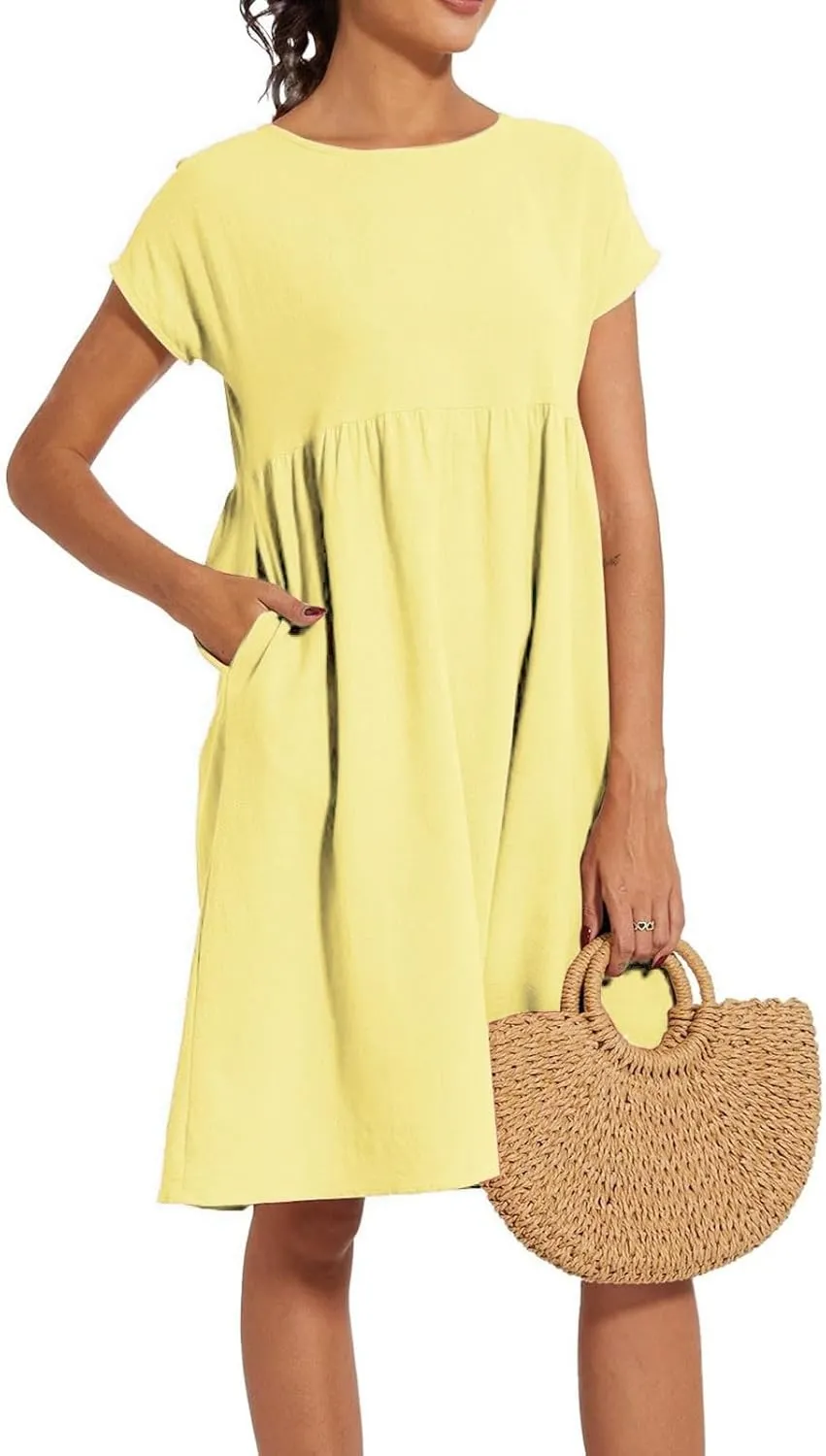 2025 Summer Dresses Women's Round Neck Casual and Comfortable Cotton Short Sleeves Beach Dress for