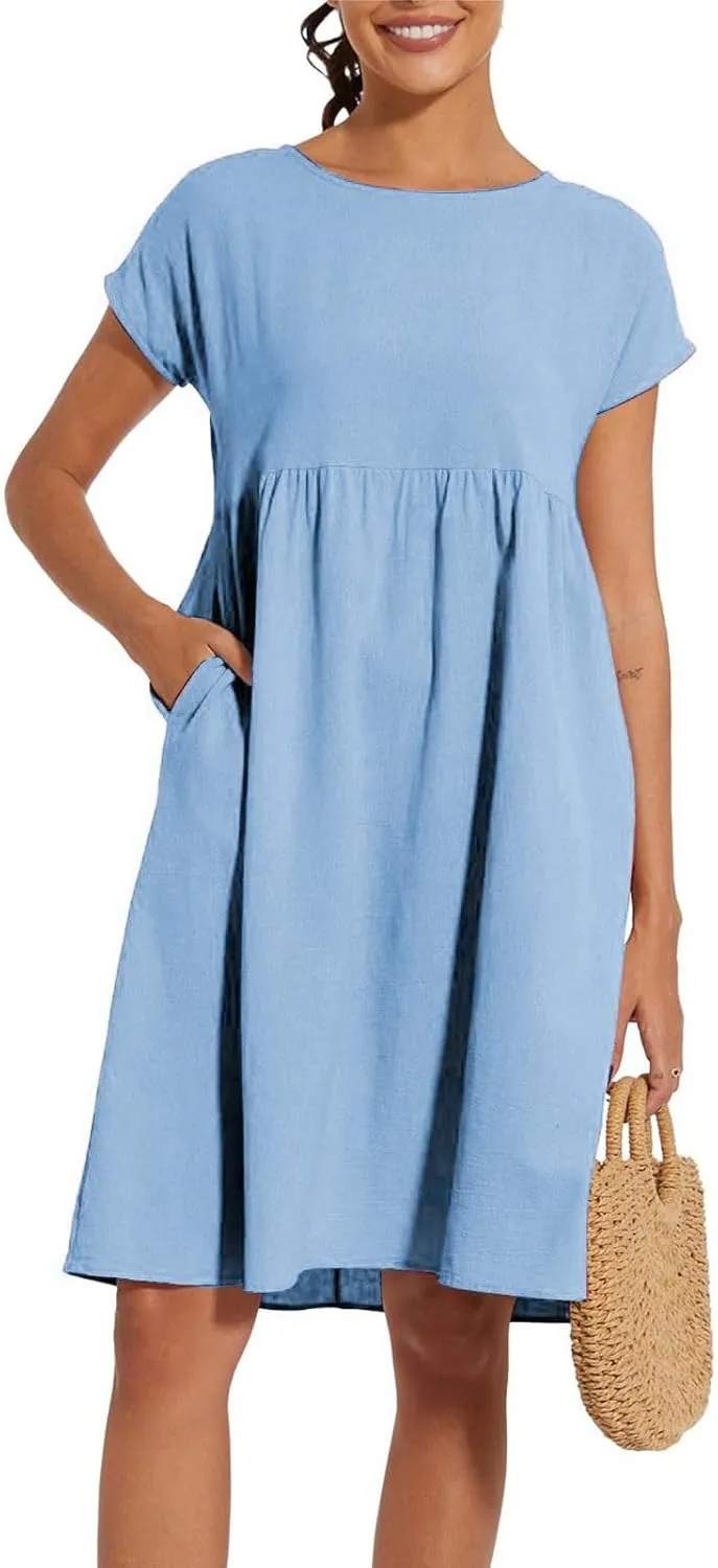 2025 Summer Dresses Women's Round Neck Casual and Comfortable Cotton Short Sleeves Beach Dress for