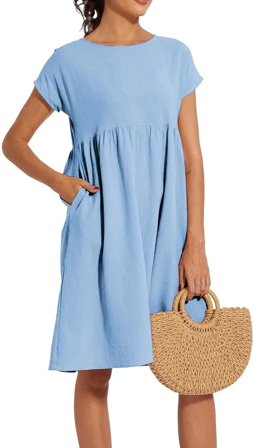 2025 Summer Dresses Women's Round Neck Casual and Comfortable Cotton Short Sleeves Beach Dress for