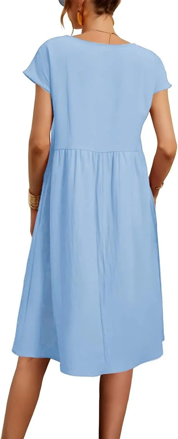 2025 Summer Dresses Women's Round Neck Casual and Comfortable Cotton Short Sleeves Beach Dress for