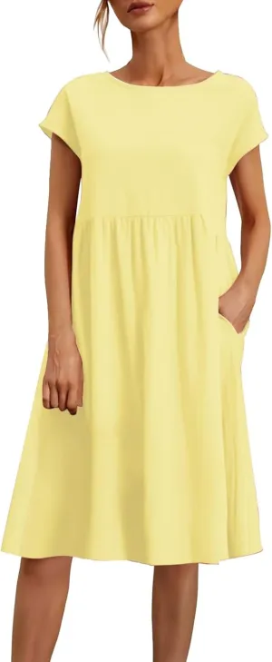 2025 Summer Dresses Women's Round Neck Casual and Comfortable Cotton Short Sleeves Beach Dress for