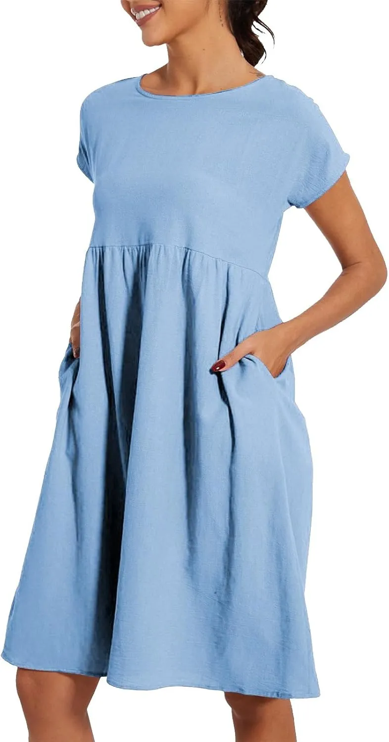 2025 Summer Dresses Women's Round Neck Casual and Comfortable Cotton Short Sleeves Beach Dress for