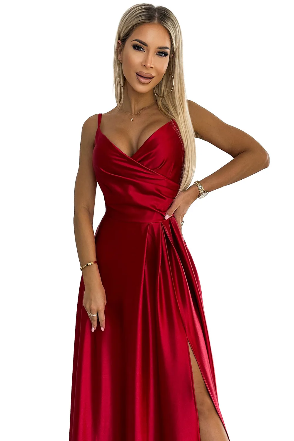 299-14 CHIARA elegant satin maxi dress with straps - red color