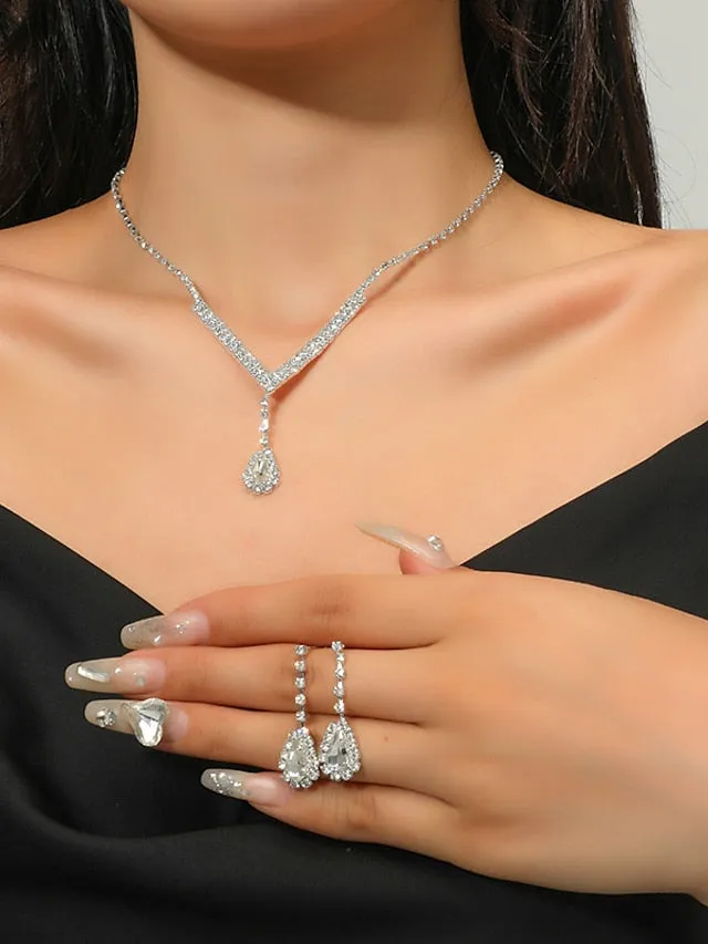 3pcs Bridal Jewelry Sets Bride Jewelry Set Silver Crystal Wedding Necklace Earrings Bridal Rhinestone Teardrop Pendant Accessories for Women and Bridesmaids (3 piece set - 2 earrings and 1 necklace