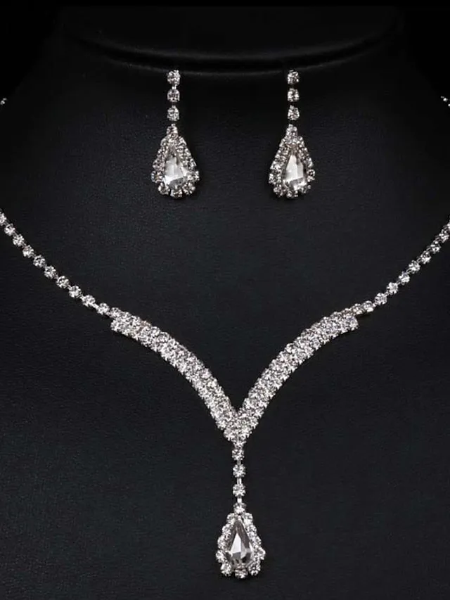 3pcs Bridal Jewelry Sets Bride Jewelry Set Silver Crystal Wedding Necklace Earrings Bridal Rhinestone Teardrop Pendant Accessories for Women and Bridesmaids (3 piece set - 2 earrings and 1 necklace