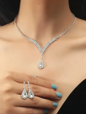 3pcs Bridal Jewelry Sets Bride Jewelry Set Silver Crystal Wedding Necklace Earrings Bridal Rhinestone Teardrop Pendant Accessories for Women and Bridesmaids (3 piece set - 2 earrings and 1 necklace