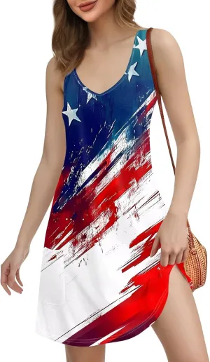 4th of July Dress Women's Casual T Shirt Dresses Summer Sleeveless V Neck Patriotic Sundress with Pockets