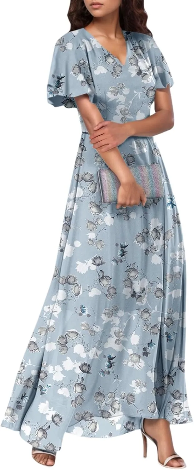 A Line Dresses for Women 2025 Floral Chiffon Long Summer Dresses Ruffle Short Sleeve Beach Dress for Wedding Guest