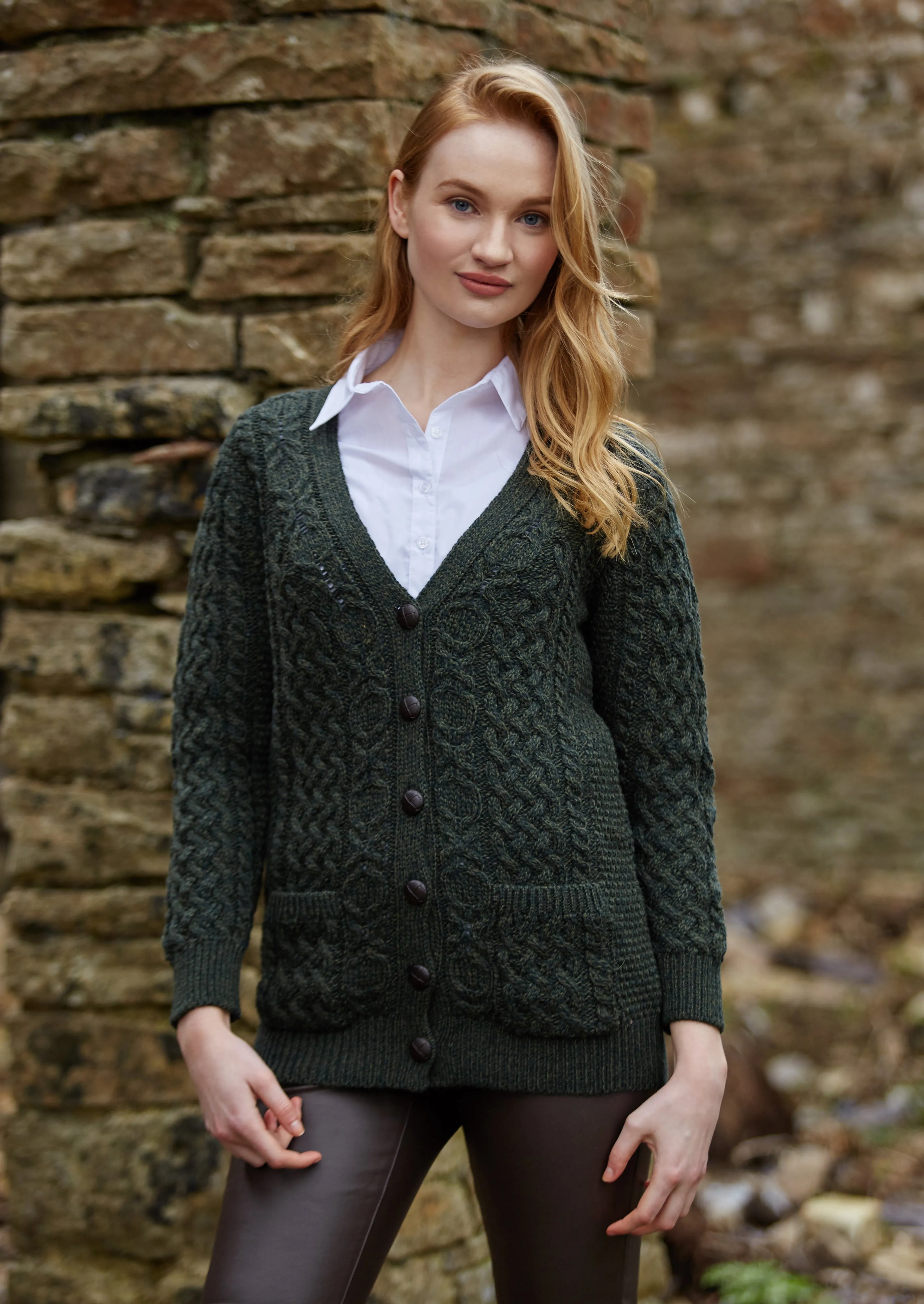 Adare Boyfriend Aran Cardigan | Green
