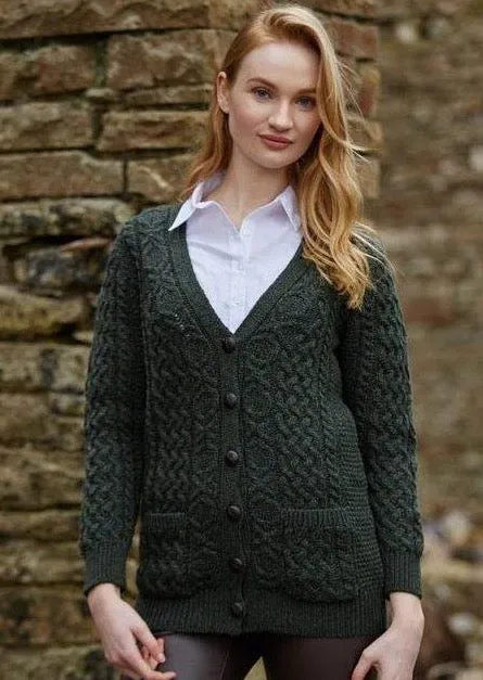Adare Boyfriend Aran Cardigan | Green