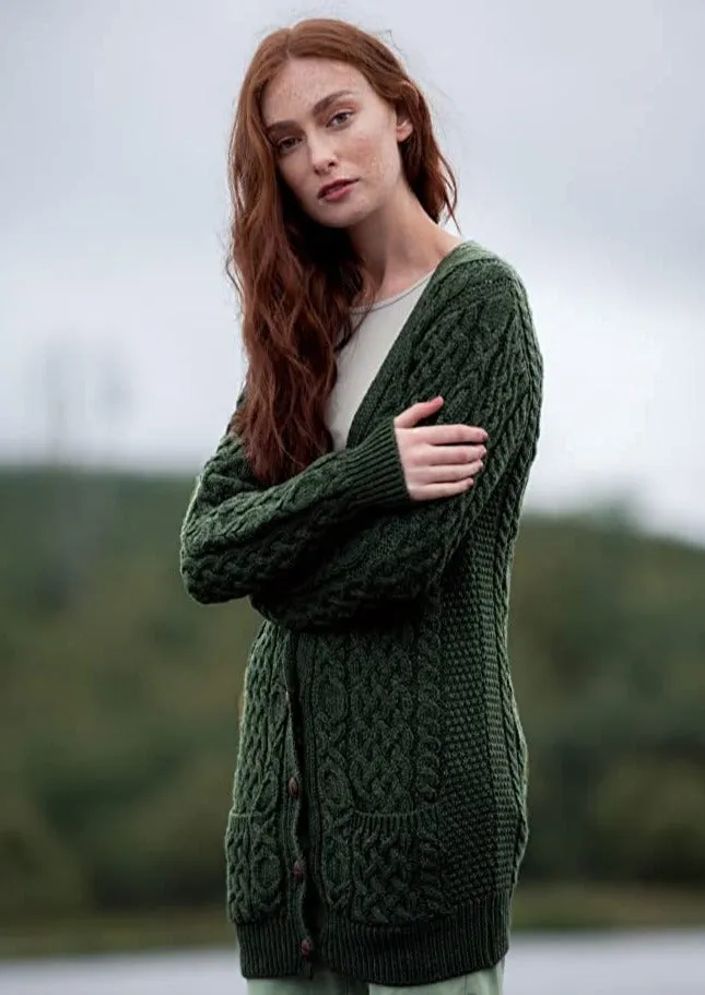 Adare Boyfriend Aran Cardigan | Green