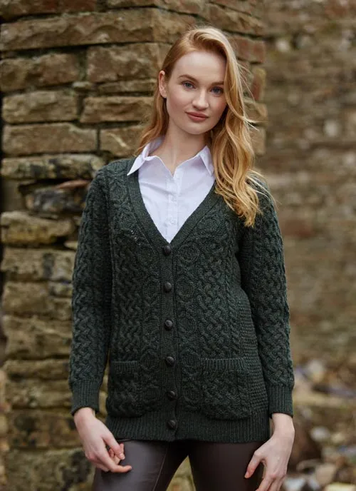 Adare Boyfriend Aran Cardigan | Green