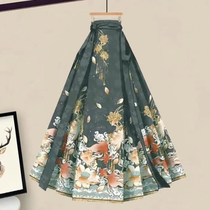 Aesthetic Embroidery Lapel Qipao High Waist Printed Skirt
