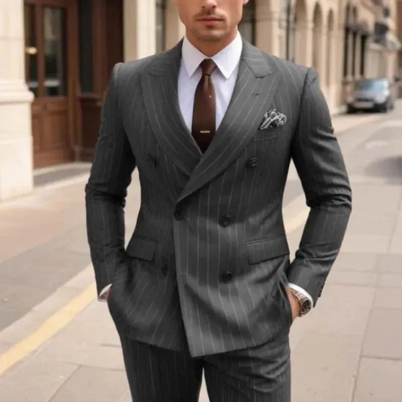 Aidase Fashion Double Breasted Peak Lapel Blazer Brown Stripe Regular Length Men's Suits Custom Wedding 2 Piece Jacket Pants Outfits