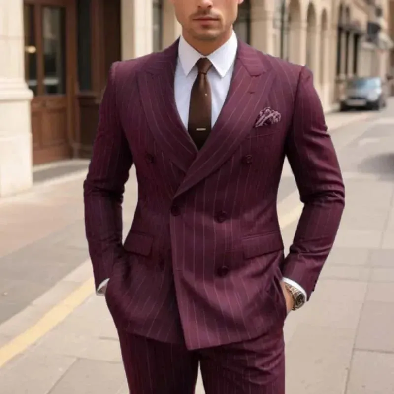 Aidase Fashion Double Breasted Peak Lapel Blazer Brown Stripe Regular Length Men's Suits Custom Wedding 2 Piece Jacket Pants Outfits