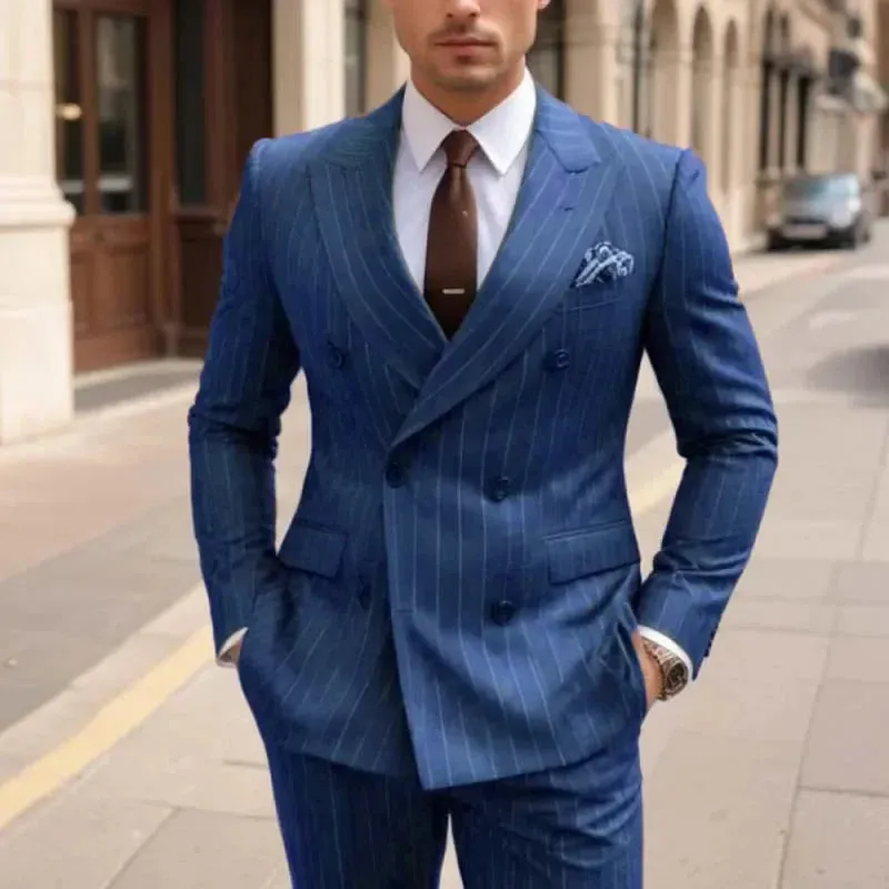 Aidase Fashion Double Breasted Peak Lapel Blazer Brown Stripe Regular Length Men's Suits Custom Wedding 2 Piece Jacket Pants Outfits