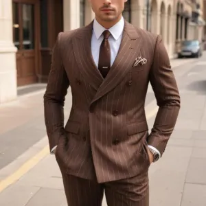 Aidase Fashion Double Breasted Peak Lapel Blazer Brown Stripe Regular Length Men's Suits Custom Wedding 2 Piece Jacket Pants Outfits