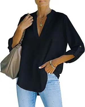 AISEW Womens Casual V Neck Shirts Cuffed Sleeves Chiffon Blouses Loose Solid Henley Work Tops (1169Wine Red, M)