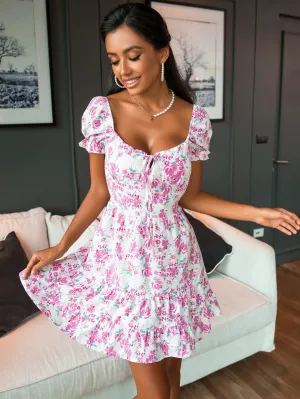 All Over Print Shirred Short Sleeve Sweetheart Flounce High Waist Short Dress