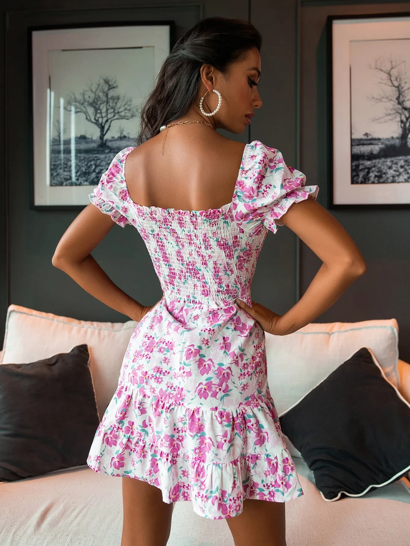 All Over Print Shirred Short Sleeve Sweetheart Flounce High Waist Short Dress