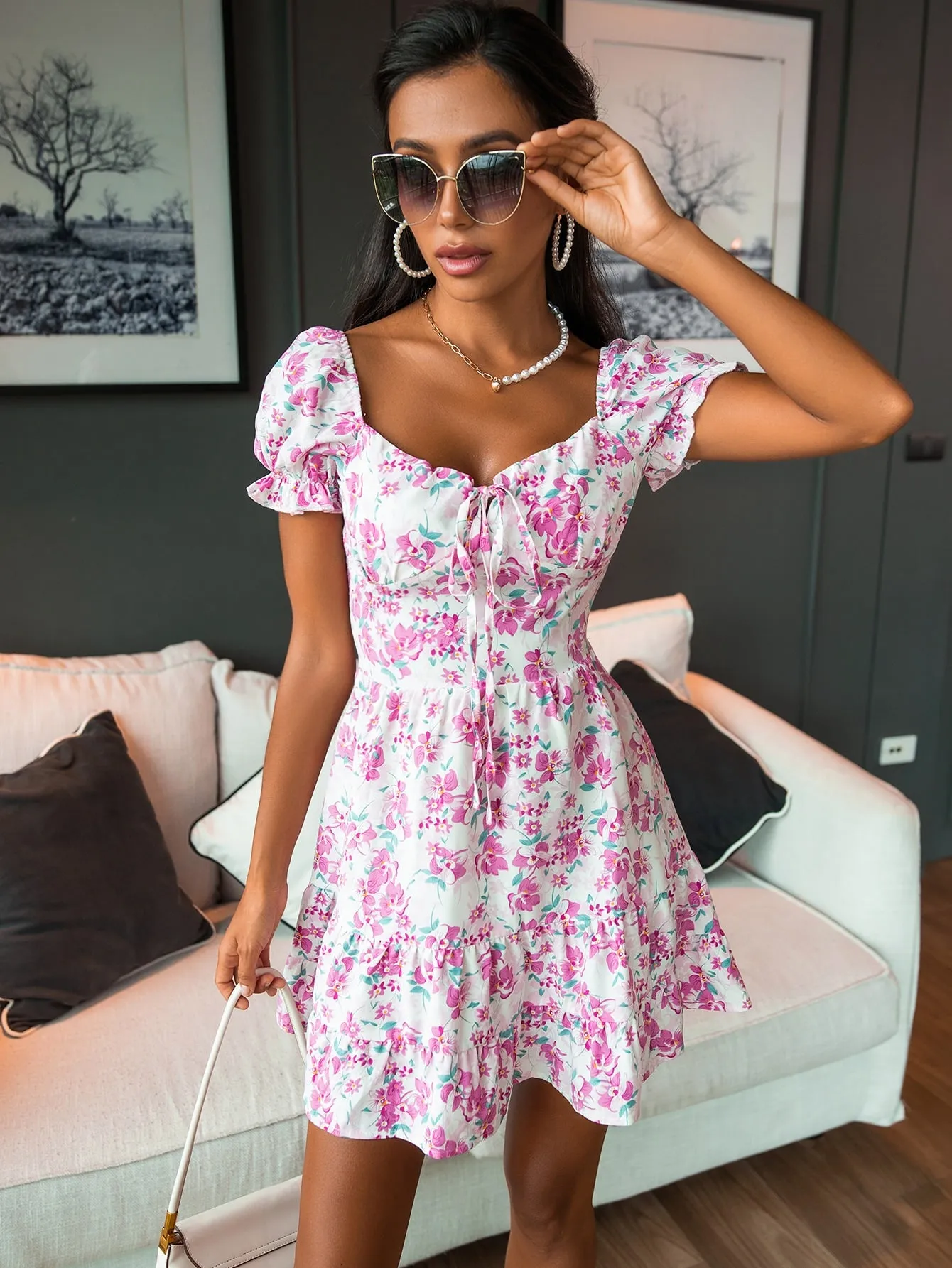 All Over Print Shirred Short Sleeve Sweetheart Flounce High Waist Short Dress