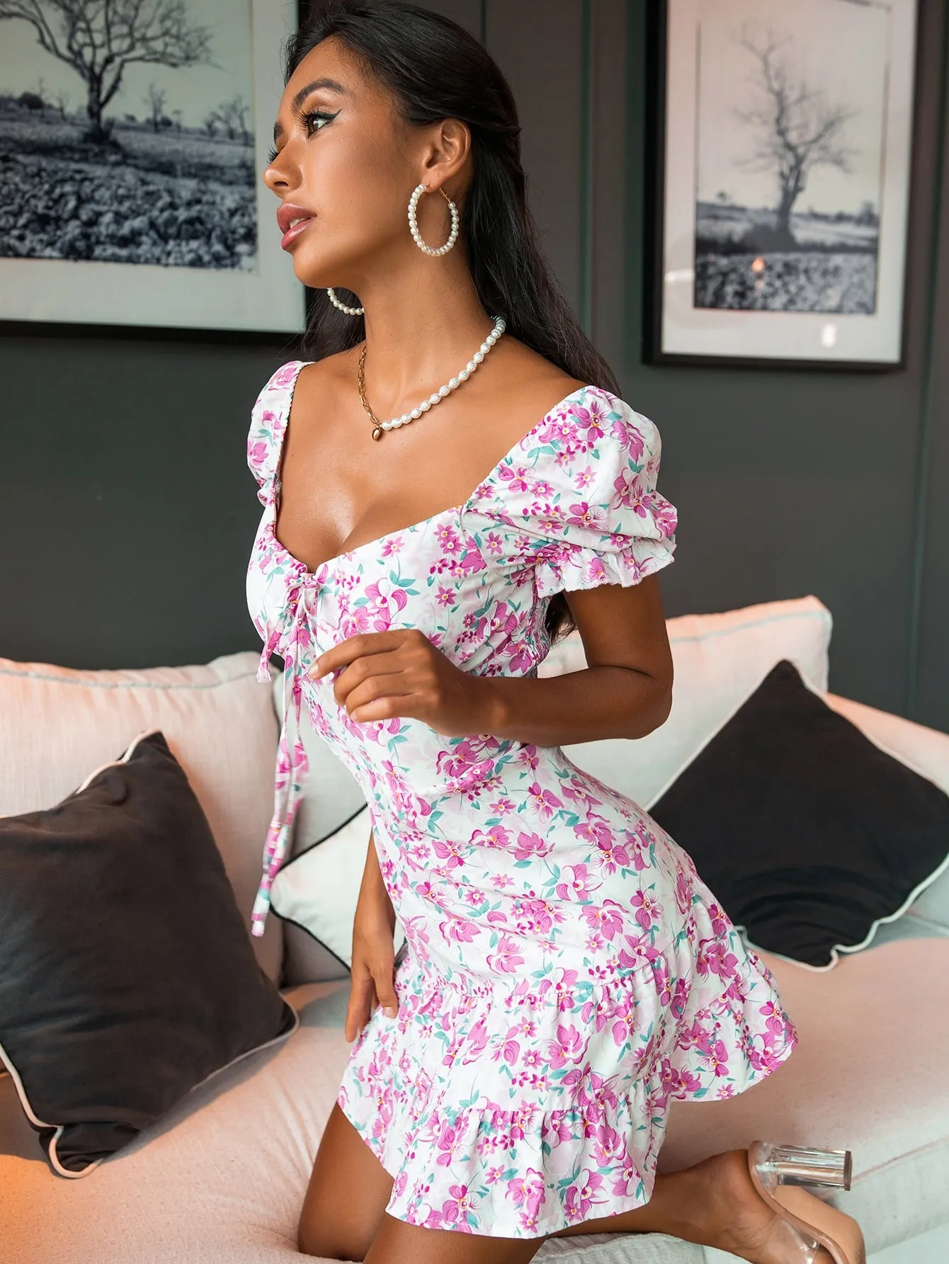 All Over Print Shirred Short Sleeve Sweetheart Flounce High Waist Short Dress