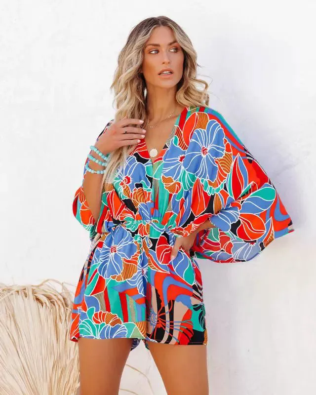 Amazon Europe Fashion Street Elegant New Arrival Fashion Print Fitted Waist Backless Shoelace Short-Sleeved Jumpsuit Tide